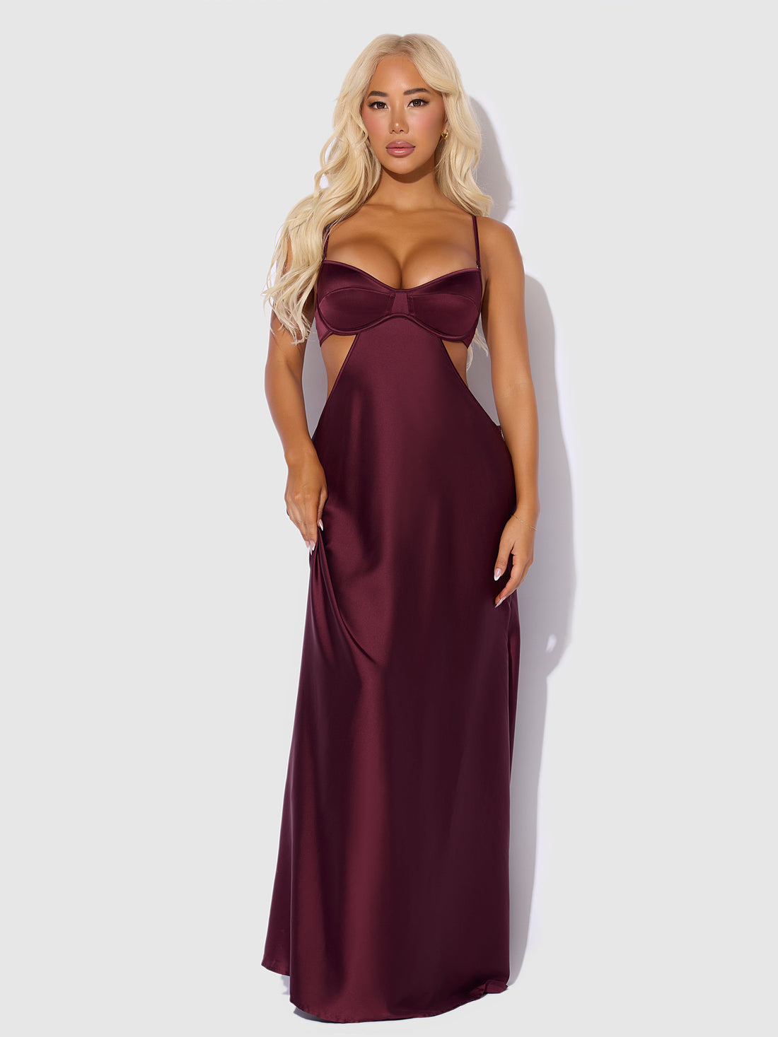 House of Desire Brigeta Satin Mono Wire Long Gown Burgundy