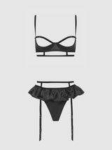 Brigeta Satin Open Cup Bra & Gartered Riuffle Panty Set Black