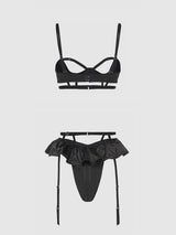 Brigeta Satin Open Cup Bra & Gartered Riuffle Panty Set Black