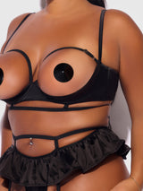 House of Desire Queen Brigeta Satin Open Cup Bra & Gartered Riuffle Panty Set Black