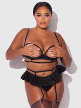 House of Desire Queen Brigeta Satin Open Cup Bra & Gartered Riuffle Panty Set Black