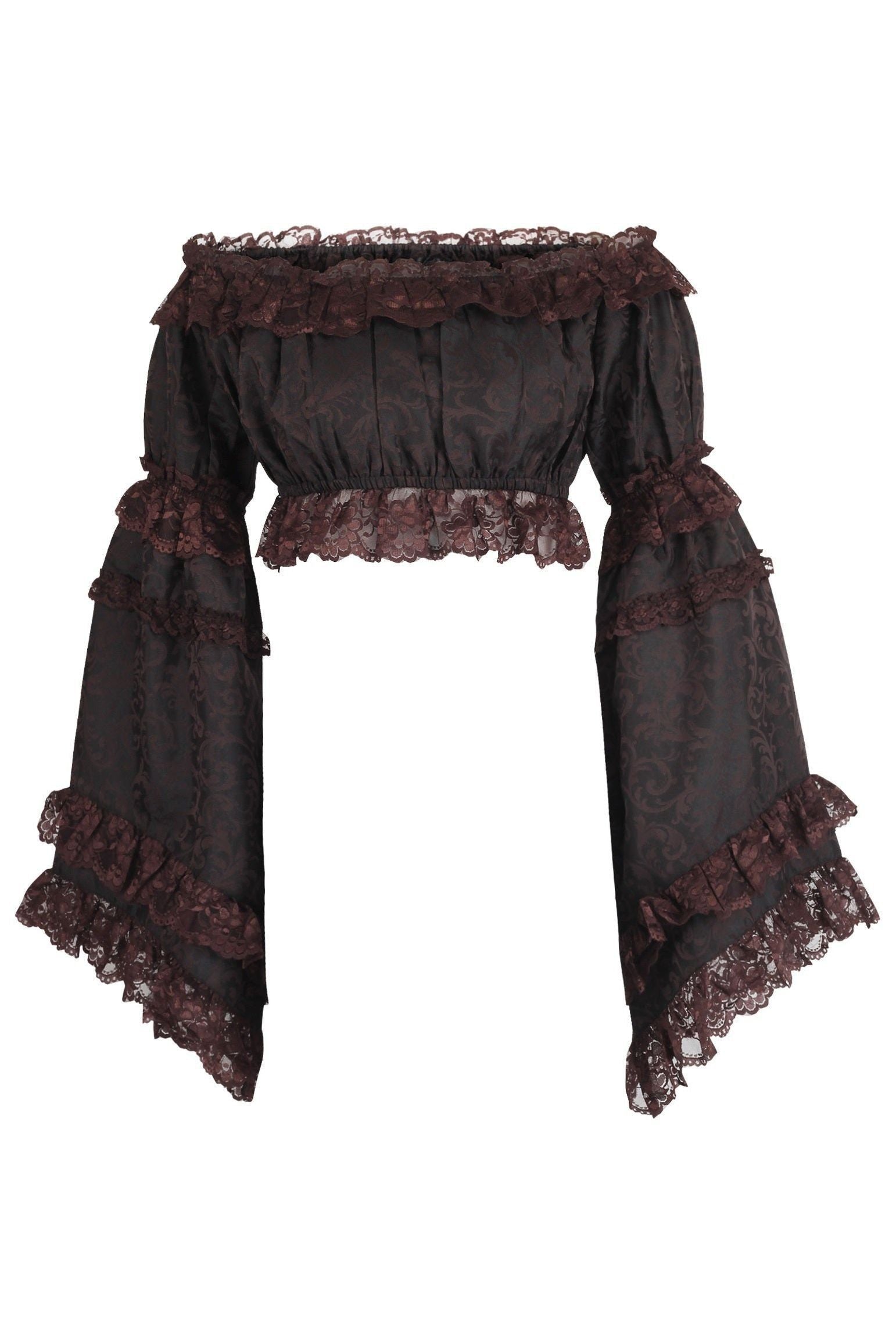 Brown Brocade Smocked Flare Sleeve Peasant Top - Daisy Corsets