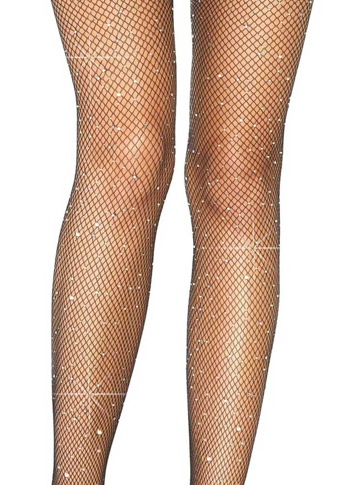 Leg Avenue Casey Rhinestone Fishnet Suspender Pantyhose - One Size - Black