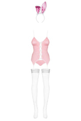 Pink Obsessive Bunny Suit Costume with corset lacing, cute bows, and white fishnet stockings.
