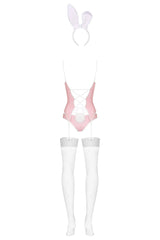 Pink Obsessive Bunny Suit Costume with white bunny ears, corset lacing, garter straps, and fishnet stockings.
