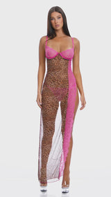 Forplay Animal Instincts Sheer Mesh Nightgown Lingerie Set Pink Leopard