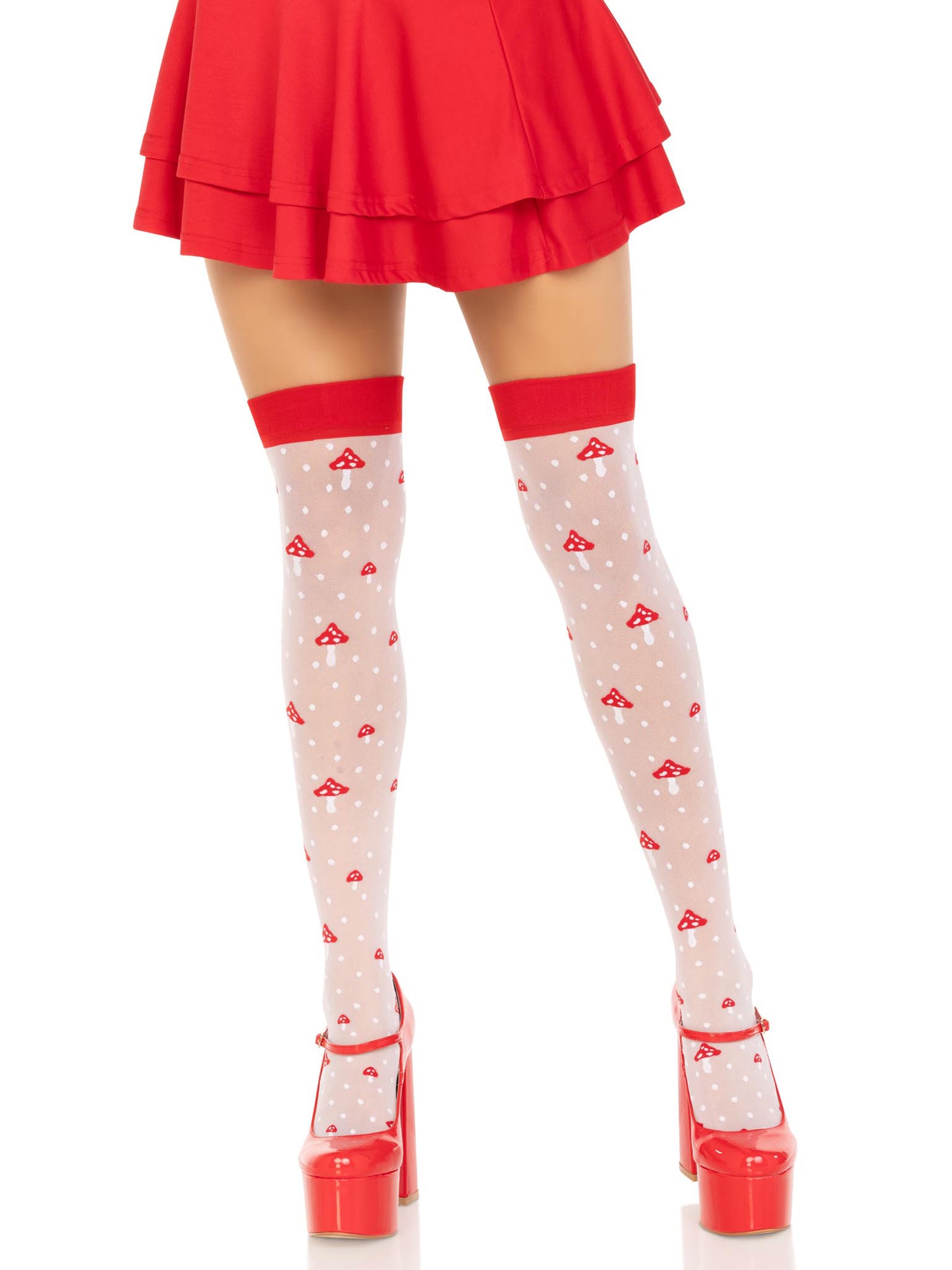 Leg Avenue Polka Dot Mushroom Thigh High - One Size - White/Red