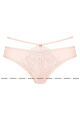 Girly Camelia bikini briefs in rose pink embroidery with floral pattern, elastic tulle back, and decorative side straps.