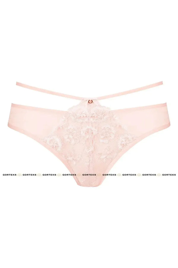 Girly Camelia bikini briefs in rose pink embroidery with floral pattern, elastic tulle back, and decorative side straps.