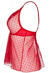 Tempting red sheer babydoll top with dotted tulle, underwire cups, and adjustable straps.