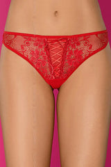 Sexy deep red lace-up g-string with feminine lace pattern, perfect for passionate styling.