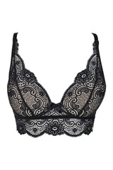 Sexy black lace longline bra with elegant scalloped edges and a delicate front bow.