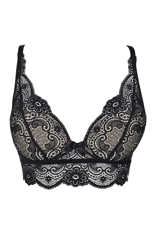 Sexy black lace longline bra with elegant scalloped edges and a delicate front bow.