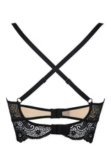 Sexy black lace longline bra with crossing back straps and double hook-and-eye fastening.
