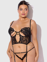House of Desire Queen Cecily Lace & Chain Bustier & Backless Hipster Set Black