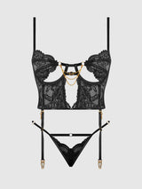 House of Desire Queen Cecily Lace & Chain Bustier & Backless Hipster Set Black