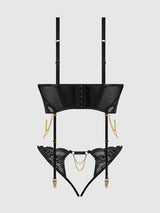 House of Desire Queen Cecily Lace & Chain Bustier & Backless Hipster Set Black