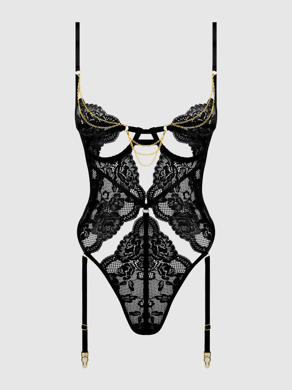 House of Desire Cecily Lace & Chain Gartered Teddy