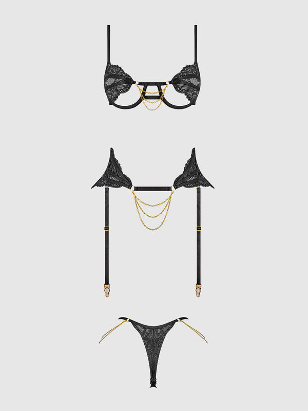 House of Desire Cecily Lace & Chain Open Cups Bra Set