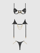 House of Desire Queen Cecily Lace & Chain Open Cups Bra Set Black