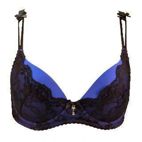 Celina Liquid Push-up Bra: vibrant blue Dogi satin with black elastic lace, adjustable straps, and a gold key charm.