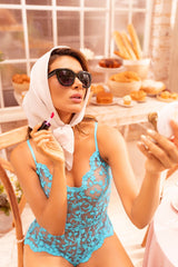 Mapale Sheer Embroidery Romper Babydoll Turquoise Blue