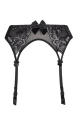 Axami Central Park black lace garter belt with luminous embroidery and satin bows.