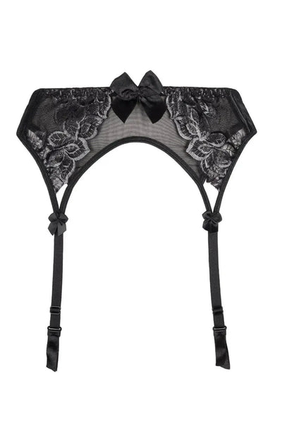 Axami Central Park black lace garter belt with luminous embroidery and satin bows.