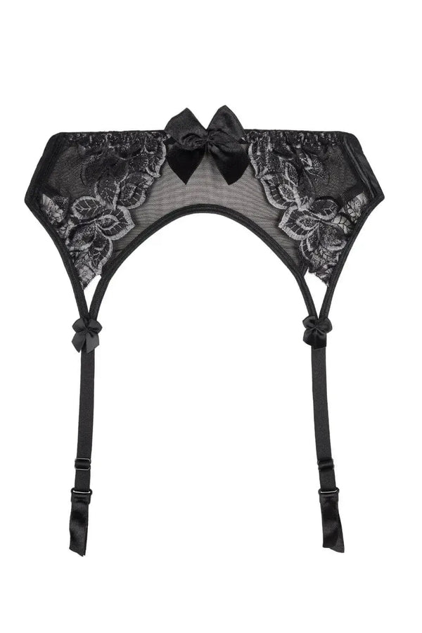 Axami Central Park black lace garter belt with luminous embroidery and satin bows.