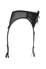 Axami Central Park garter belt: black sheer mesh, luminous embroidery, lacquer lace, adjustable straps.