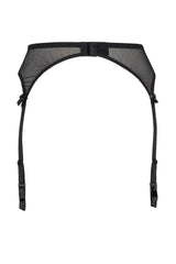 Black Axami Central Park garter belt with sheer construction, luminous embroidery, and adjustable straps.