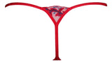 Axami Cerise G-String: vivid red lace with unique blue floral embroidery, offering minimal coverage.