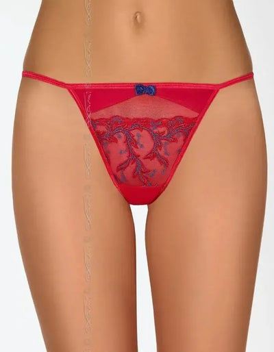 Axami Cerise G-String with vivid red and blue lace pattern, delicate blue bow, and minimal coverage.