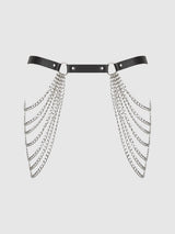 Chain & Leather-Like Draped Garter Black Silver