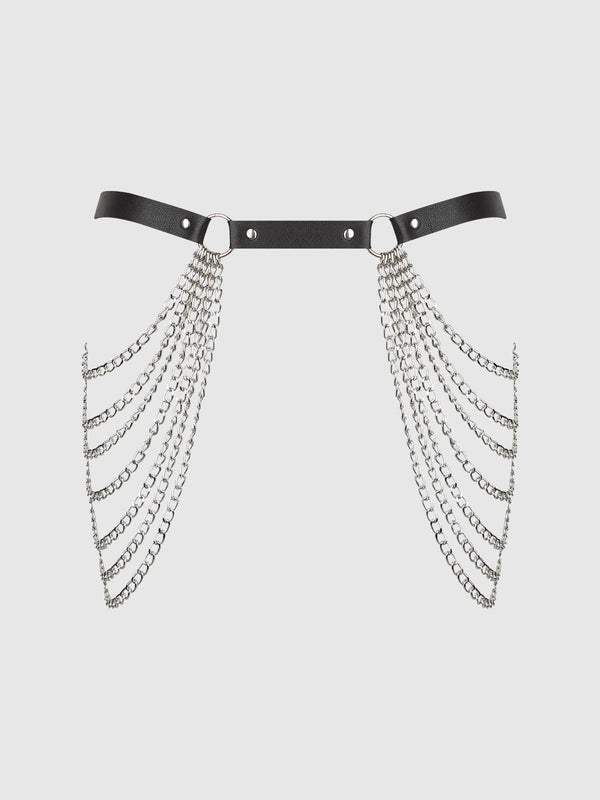 House of Desire Chain & Leather-Like Draped Garter Black Silver