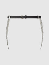 Chain & Leather-Like Draped Garter Black Silver
