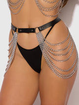 Chain & Leather-Like Draped Garter Black Silver