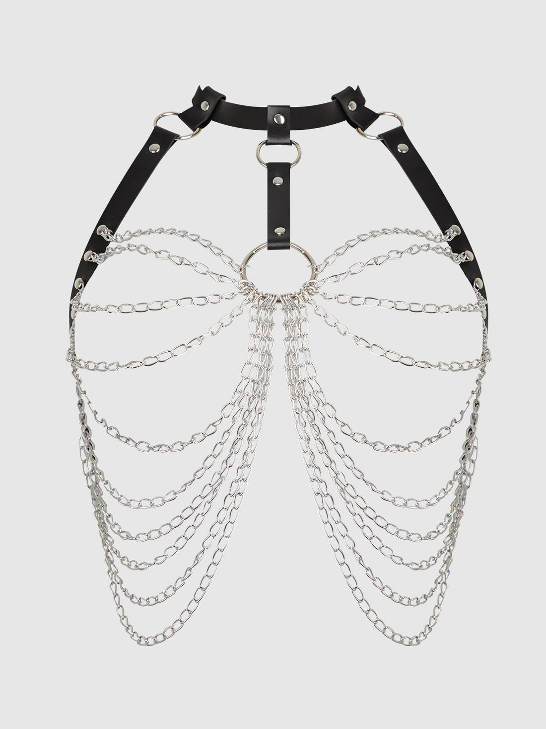 Chain & Leather-Like Draped Harness Black Silver