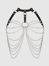 Chain & Leather-Like Draped Harness Black Silver