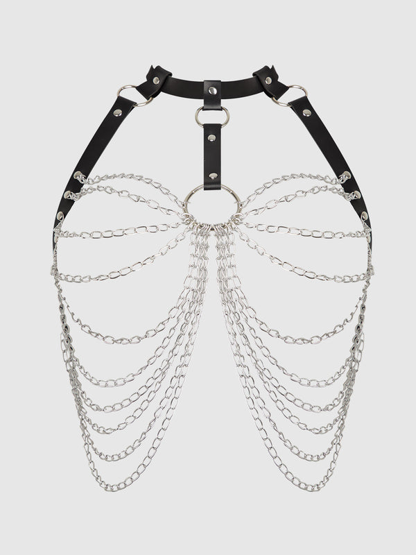 House of Desire Chain & Leather-Like Draped Harness Black Silver