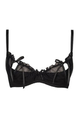 Sensual black Axami Charbon quarter cup shelf bra with peek-a-boo untie cups, ruffles, and sheer tulle.