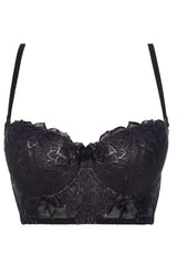 Black longline bustier push-up bra with elegant lace, shining wet look effect, and sensual bow details.