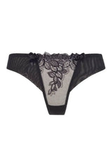 Axami Chocolate Bar Thong: elegant black tulle and luxe lacquer lace with floral embroidery.