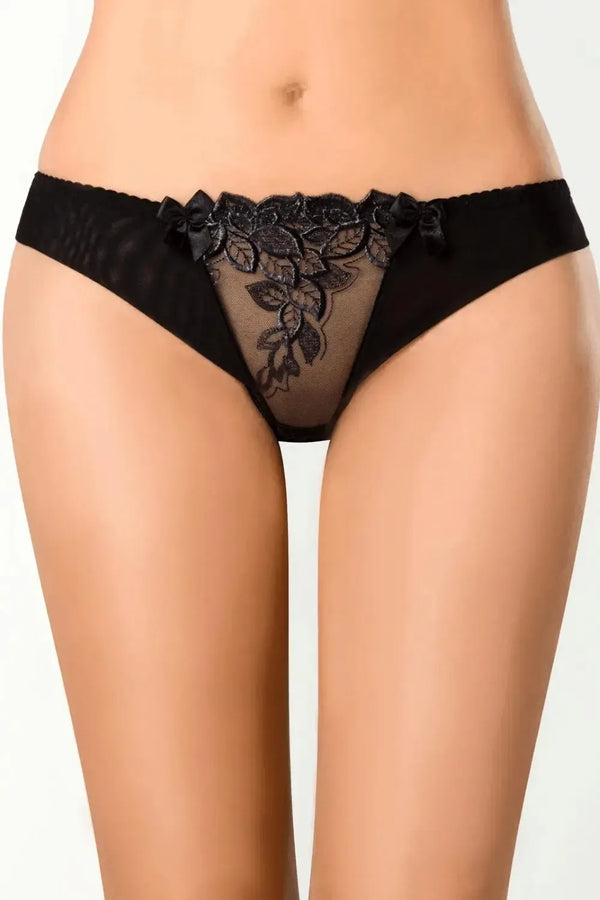 Axami Chocolate Bar Thong: elegant black tulle and luxe lacquer lace with floral embroidery and bows.