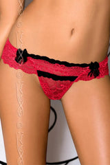 Axami Coral Lace Tanga Thong with black contrasting details and bows, emphasizing smooth skin.