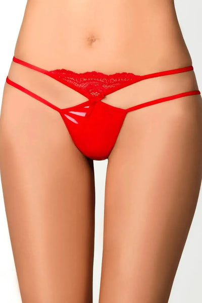 Seductive red Axami Cranberry Muffin shiny g-string with delicate lace trim and sexy double-strap design.