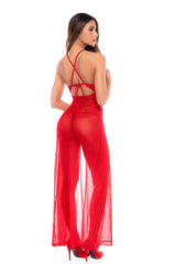 Crimson Cascade Plunge Lace Maxi Gown & Thong Red - Mapale
