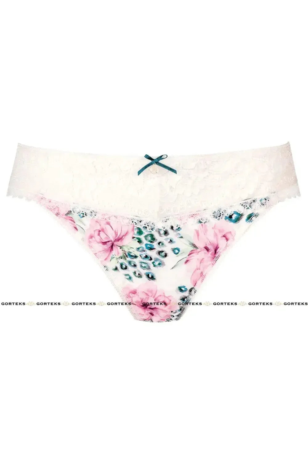 White Daisy Thong with feminine floral pattern, lace trim, and a delicate teal bow.