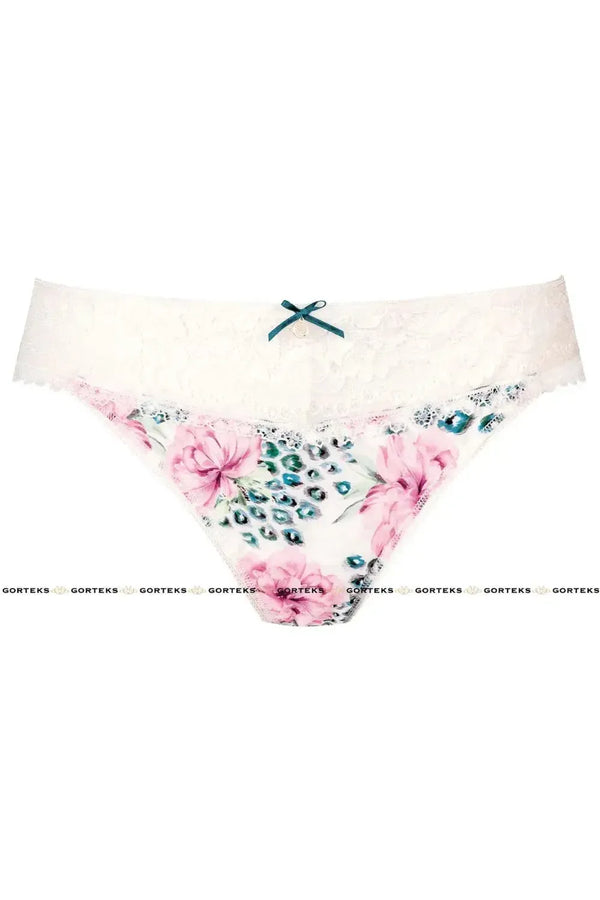 White Daisy Thong with feminine floral pattern, lace trim, and a delicate teal bow.