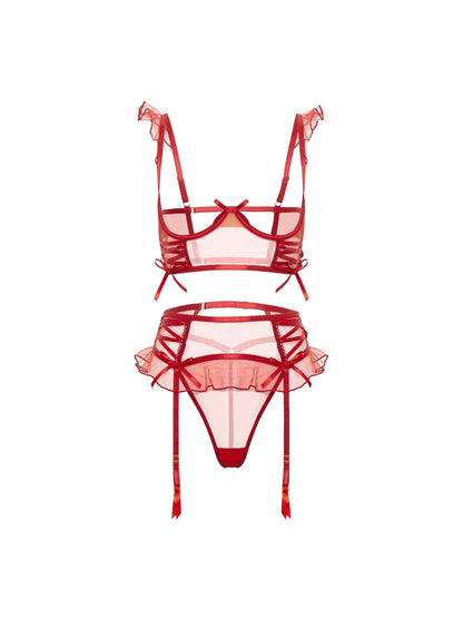 Oh la la Cheri Darcy Sheer Tulle Open Cup Bra Set Red